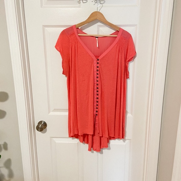 Free People Highland Linen Blend Summer Tee Top Pink Oversized Size Small - Picture 4 of 8